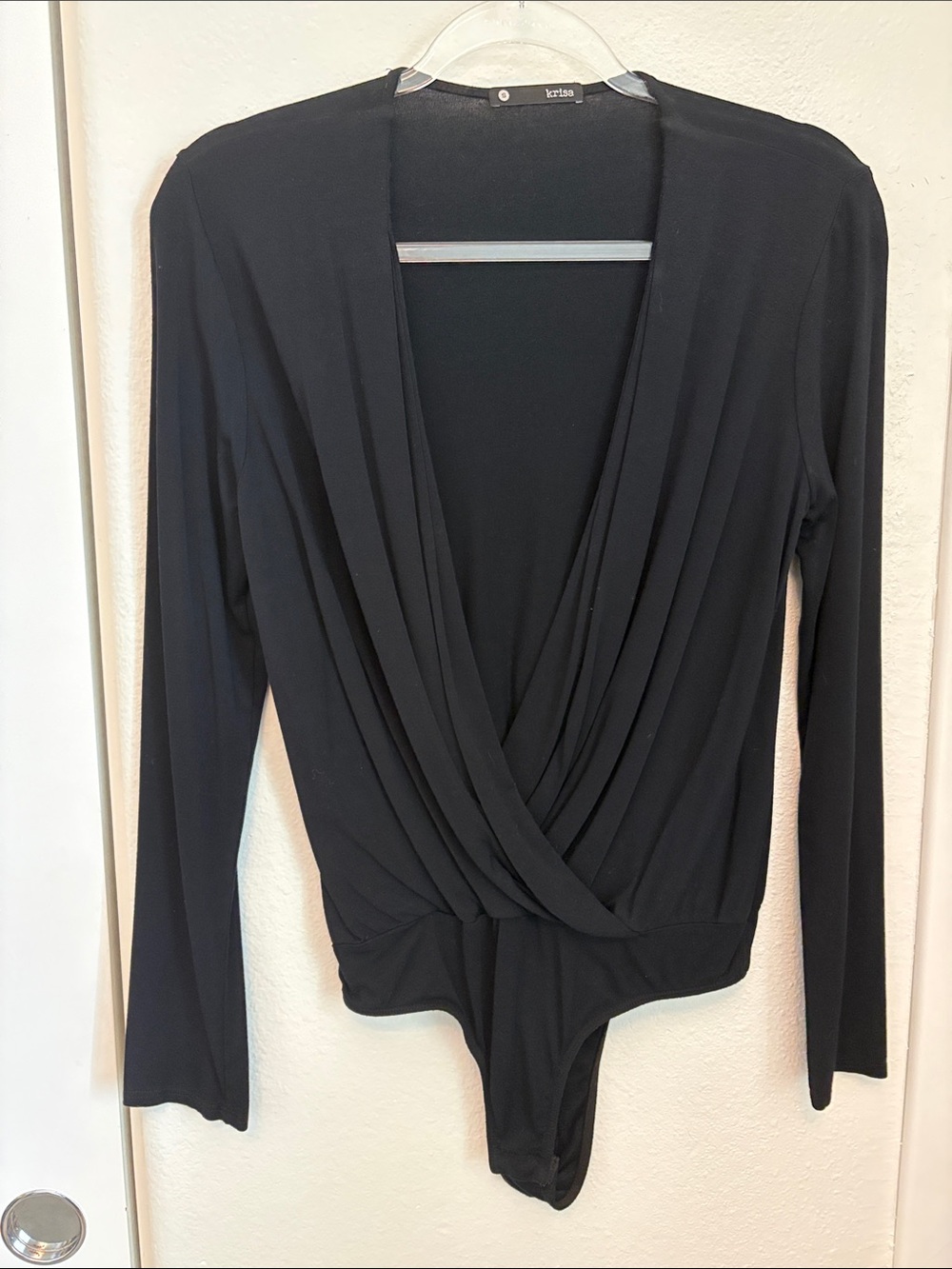 Krisa  Black Draped V-Neck Long Sleeve Bodysuit